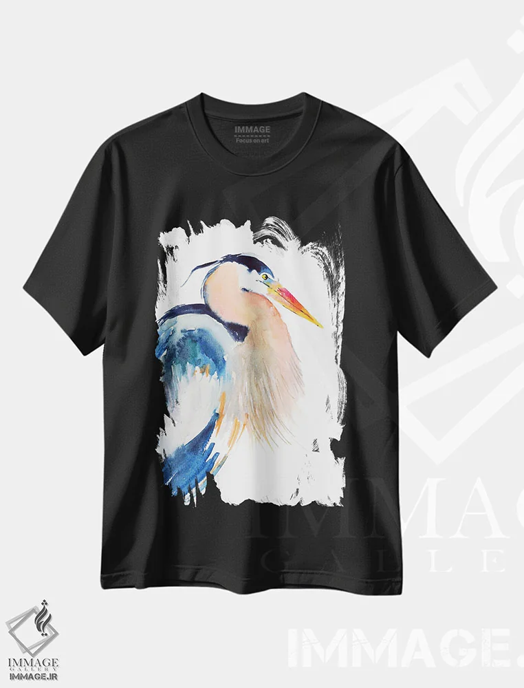 تیشرت مشکی طرح دار مرغ ماهیخوار آبی، مدیوم اثر ناتالی مک | فروشگاه ایماژ