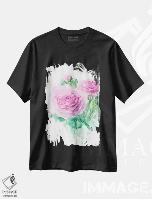 تیشرت مشکی طرح دار نقاشی گل راننکولوس، مدیوم اثر ناتالی مک | فروشگاه ایماژ