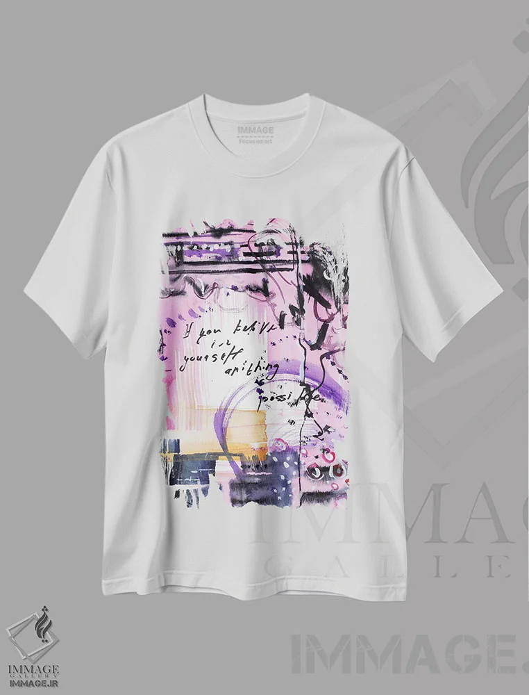 تیشرت سفید طرح دار آبرنگ انتزاعی صورتی، آبستره اثر ناتالی مک | فروشگاه ایماژ