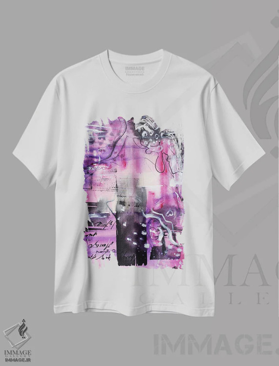 تیشرت سفید طرح دار آبرنگ انتزاعی صورتی ۲، آبستره اثر ناتالی مک | فروشگاه ایماژ