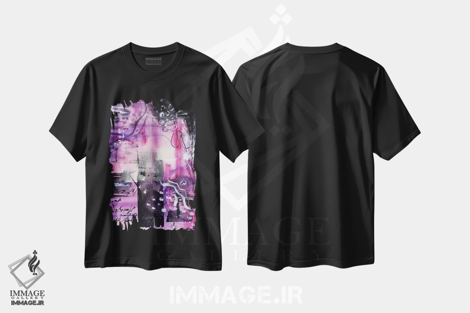 تیشرت مشکی طرح دار آبرنگ انتزاعی صورتی ۲، آبستره اثر ناتالی مک | immage.ir