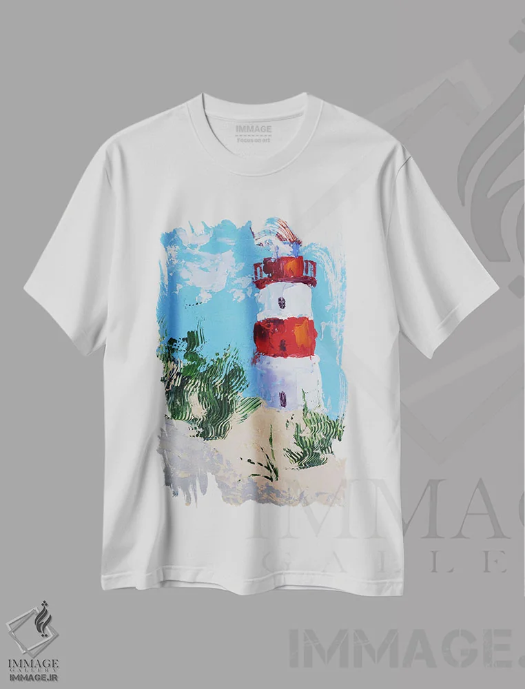تیشرت سفید طرح دار فانوس دریایی ۲، دکور ساحلی اثر ناتالی مک | فروشگاه ایماژ