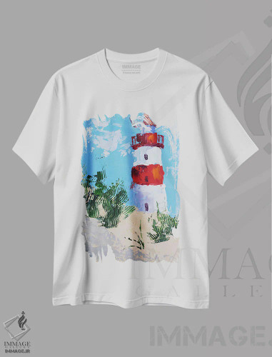 تیشرت سفید طرح دار فانوس دریایی ۲، دکور ساحلی اثر ناتالی مک | فروشگاه ایماژ