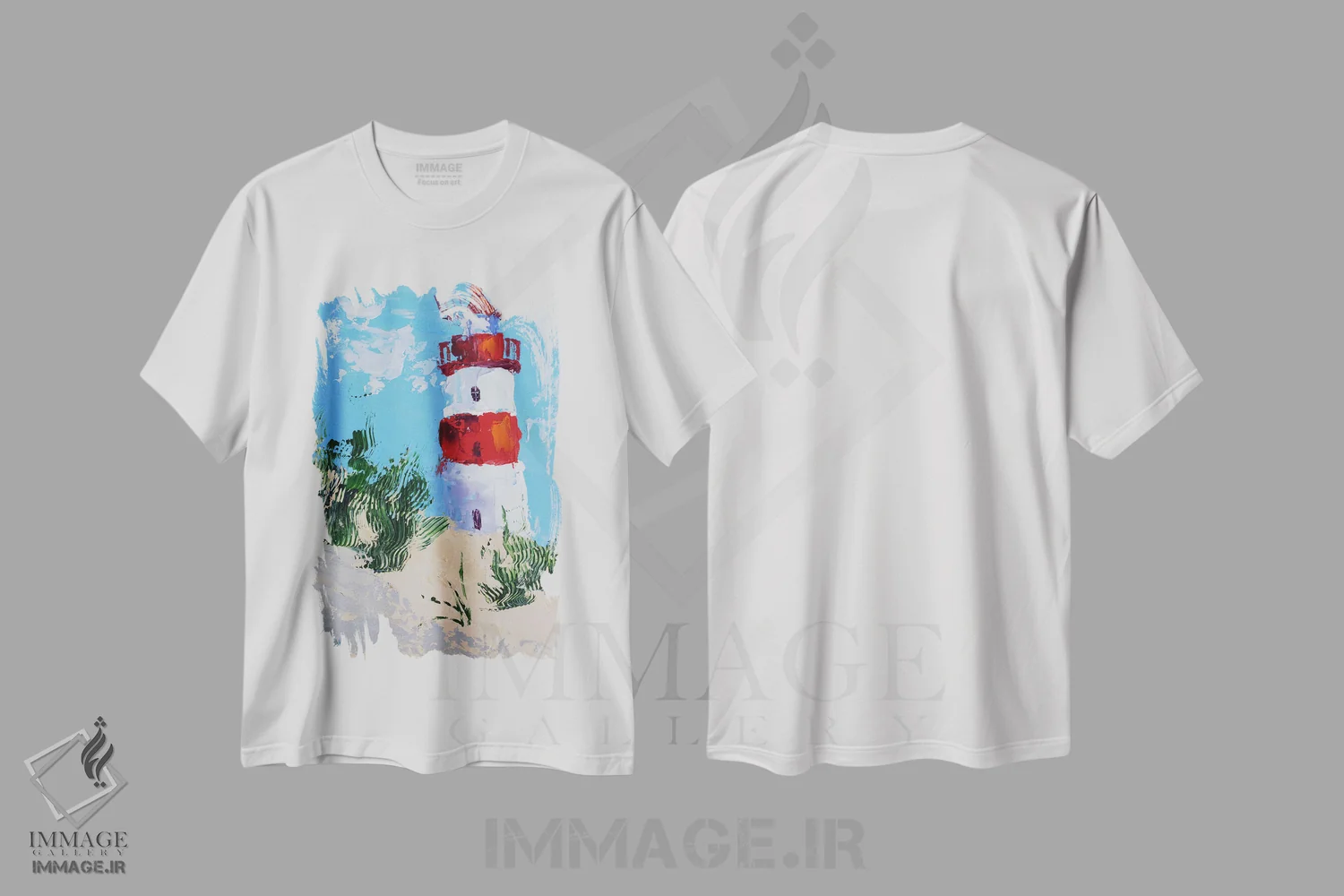 تیشرت سفید طرح دار فانوس دریایی ۲، دکور ساحلی اثر ناتالی مک | فروشگاه ایماژ