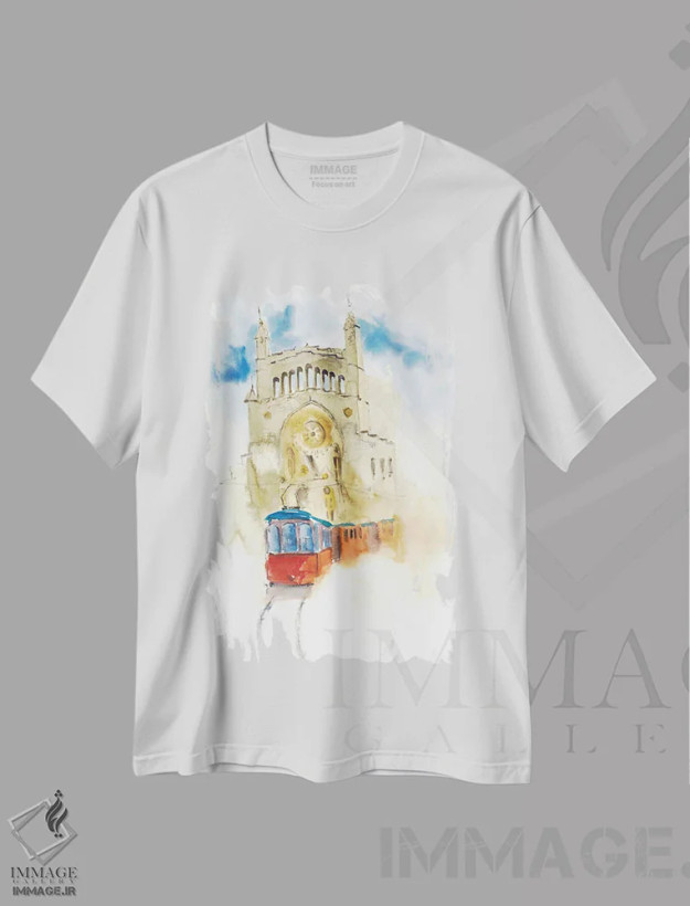 تیشرت سفید طرح دار ترکیب انتزاعی ترام لیسبون، مدیوم اثر ناتالی مک | فروشگاه ایماژ