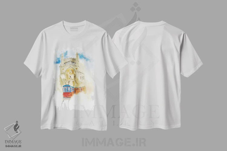 تیشرت سفید طرح دار ترکیب انتزاعی ترام لیسبون، مدیوم اثر ناتالی مک | فروشگاه ایماژ