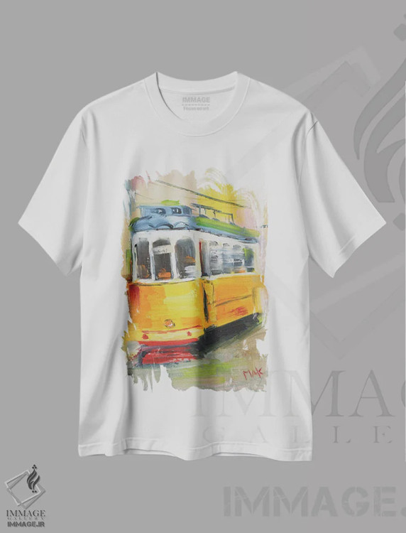 تیشرت سفید طرح دار ترام زرد لیسبون، هنر فاخر کلاسیک اثر ناتالی مک | فروشگاه ایماژ
