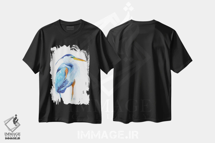 تیشرت مشکی طرح دار حواصیل آبی شماره ۳، مدیوم اثر ناتالی مک | فروشگاه ایماژ