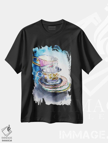تیشرت مشکی طرح دار فنجان ها، تزئینی اثر ناتالی مک | فروشگاه ایماژ
