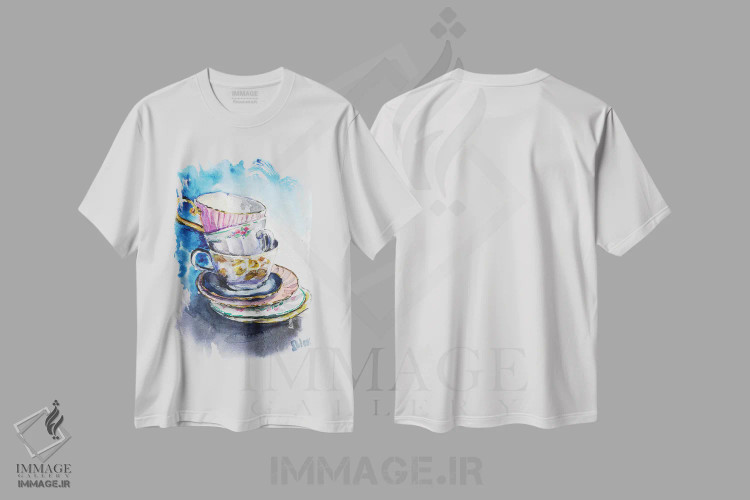 تیشرت سفید طرح دار فنجان ها، تزئینی اثر ناتالی مک | immage.ir