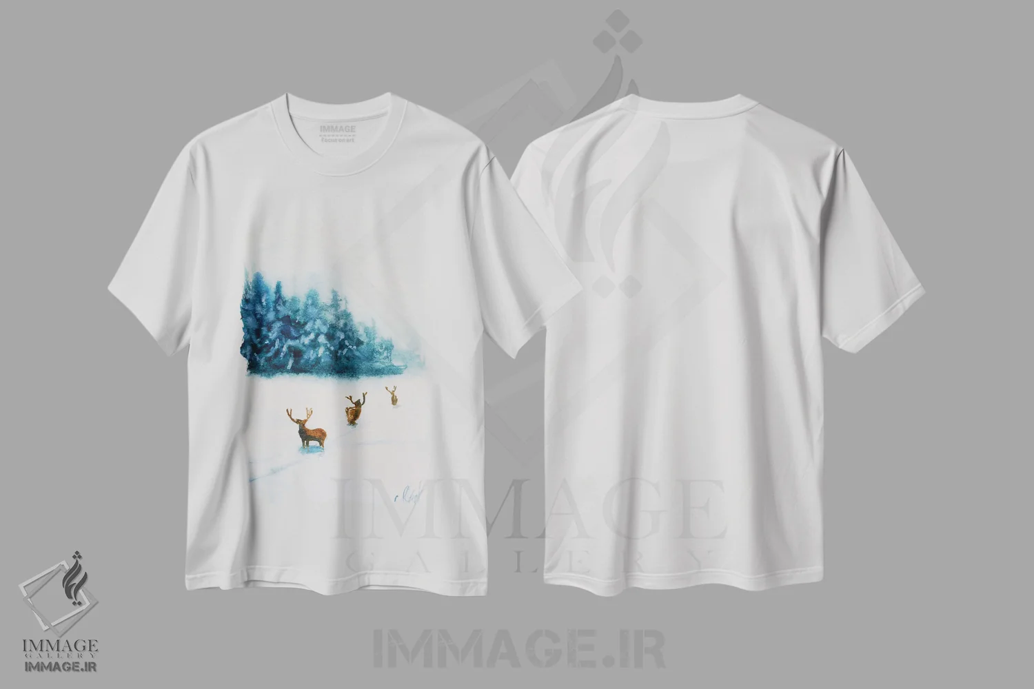 تیشرت سفید طرح دار زمستان با آهو، دکور معاصر اثر ناتالی مک | فروشگاه ایماژ