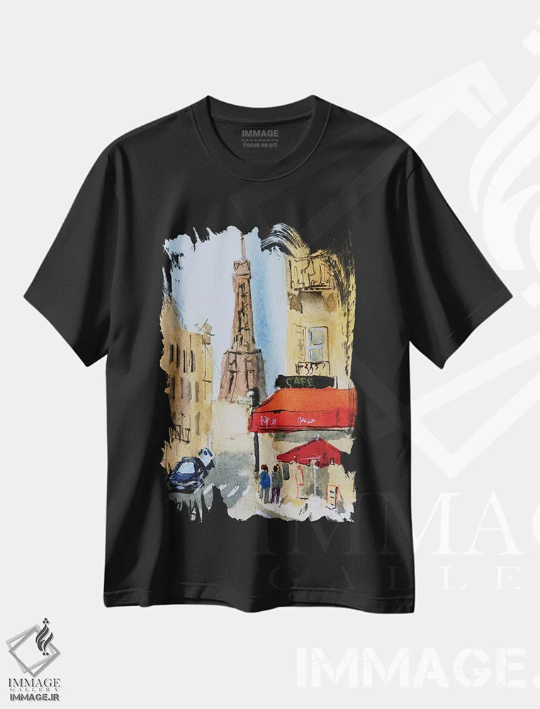 تیشرت مشکی طرح دار خیابان پاریس، دکور معاصر اثر ناتالی مک | فروشگاه ایماژ