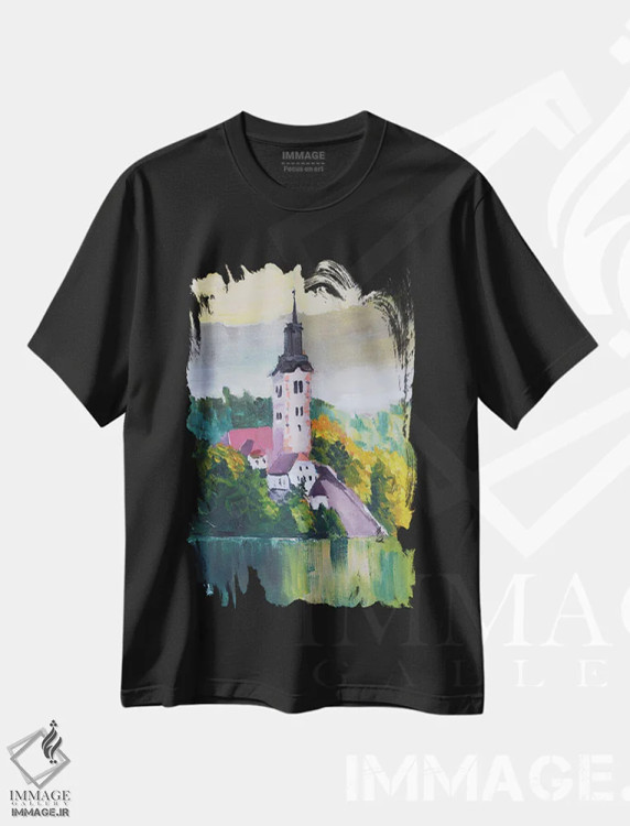 تیشرت مشکی طرح دار دریاچه بلد اسلوونی، مدیوم اثر ناتالی مک | فروشگاه ایماژ