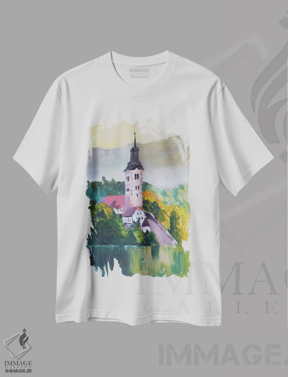 تیشرت سفید طرح دار دریاچه بلد اسلوونی، مدیوم اثر ناتالی مک | immage.ir