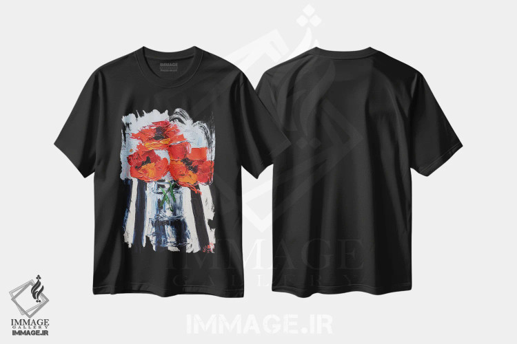 تیشرت مشکی طرح دار دسته گل شقایق، دکور معاصر اثر ناتالی مک | فروشگاه ایماژ