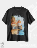 تیشرت مشکی طرح دار ساحل آمالفی ایتالیا، هنر فاخر معاصر اثر ناتالی مک | فروشگاه ایماژ