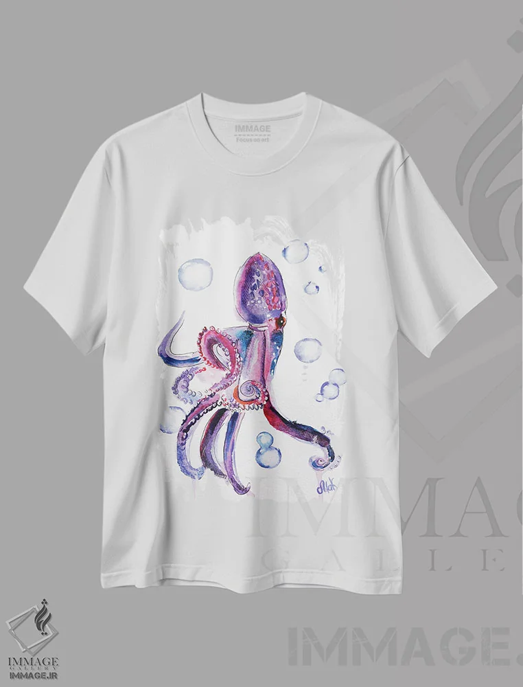تیشرت سفید طرح دار اختاپوس بنفش، مدیوم اثر ناتالی مک | فروشگاه ایماژ
