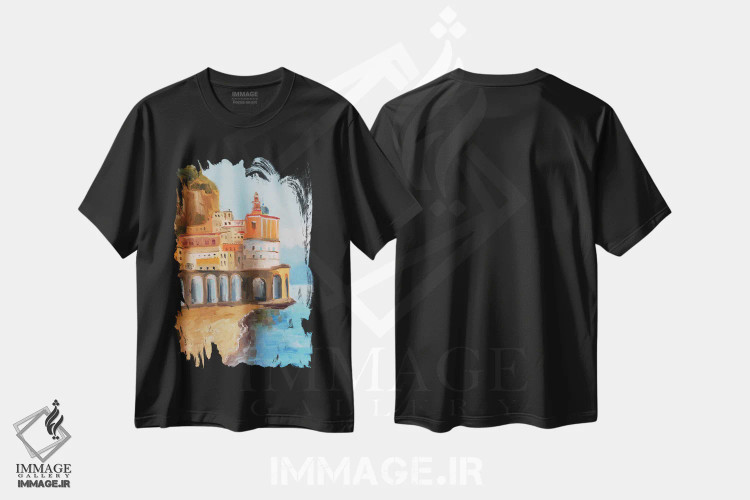 تیشرت مشکی طرح دار ساحل آمالفی ایتالیا، هنر فاخر معاصر اثر ناتالی مک | فروشگاه ایماژ