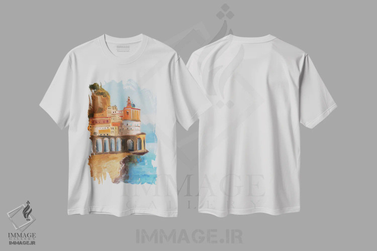 تیشرت سفید طرح دار ساحل آمالفی ایتالیا، هنر فاخر معاصر اثر ناتالی مک | immage.ir