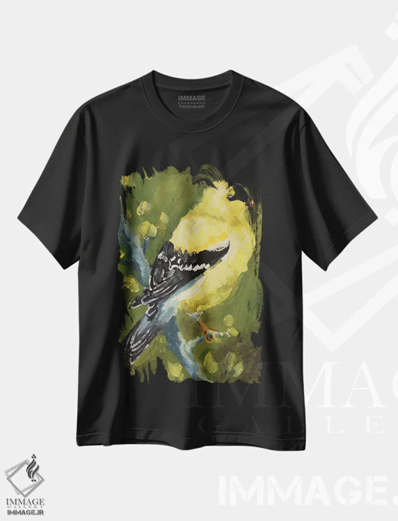 تیشرت مشکی طرح دار فنچ طلایی آمریکایی شماره ۲، هنر فاخر معاصر اثر ناتالی مک | فروشگاه ایماژ