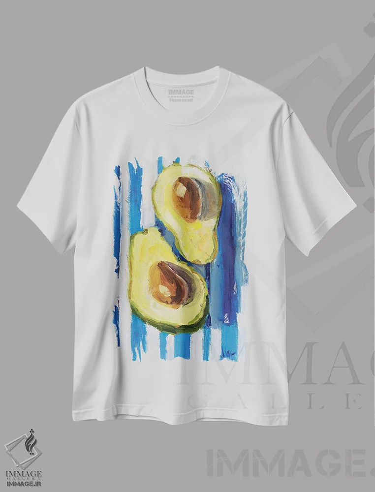 تیشرت سفید طرح دار آووکادو با زمینهٔ راه راه، هنر فاخر معاصر اثر ناتالی مک | فروشگاه ایماژ