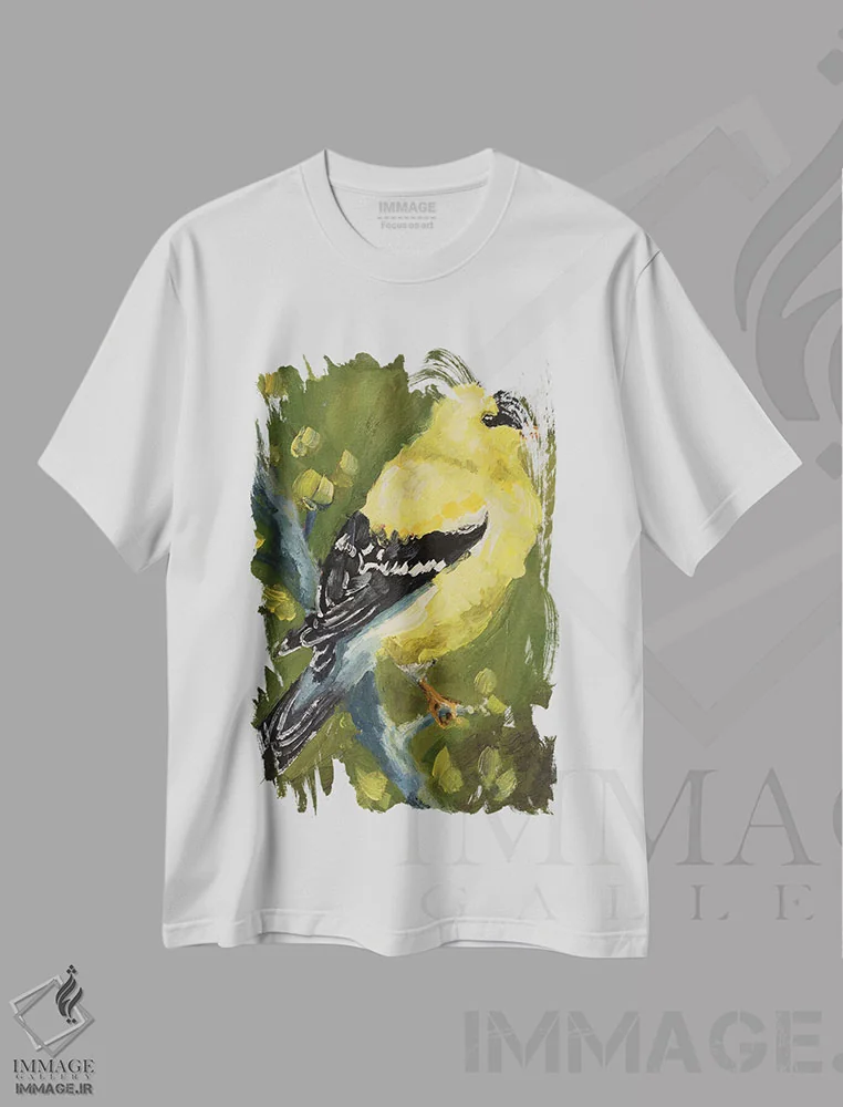 تیشرت سفید طرح دار فنچ طلایی آمریکایی شماره ۲، هنر فاخر معاصر اثر ناتالی مک | immage.ir