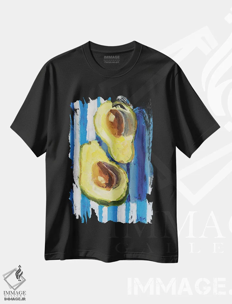 تیشرت مشکی طرح دار آووکادو با زمینهٔ راه راه، هنر فاخر معاصر اثر ناتالی مک | immage.ir