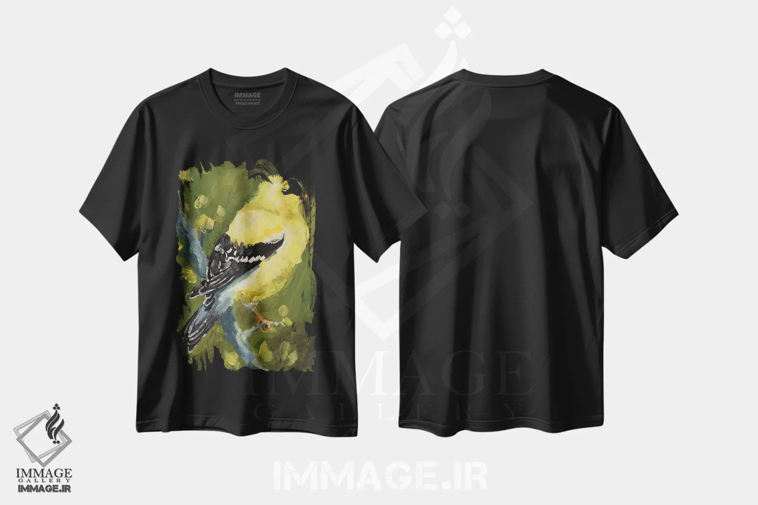تیشرت مشکی طرح دار فنچ طلایی آمریکایی شماره ۲، هنر فاخر معاصر اثر ناتالی مک | فروشگاه ایماژ
