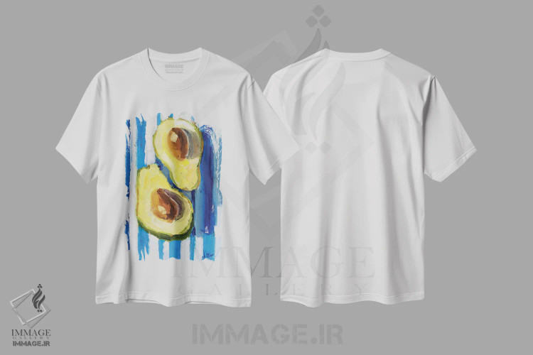 تیشرت سفید طرح دار آووکادو با زمینهٔ راه راه، هنر فاخر معاصر اثر ناتالی مک | فروشگاه ایماژ