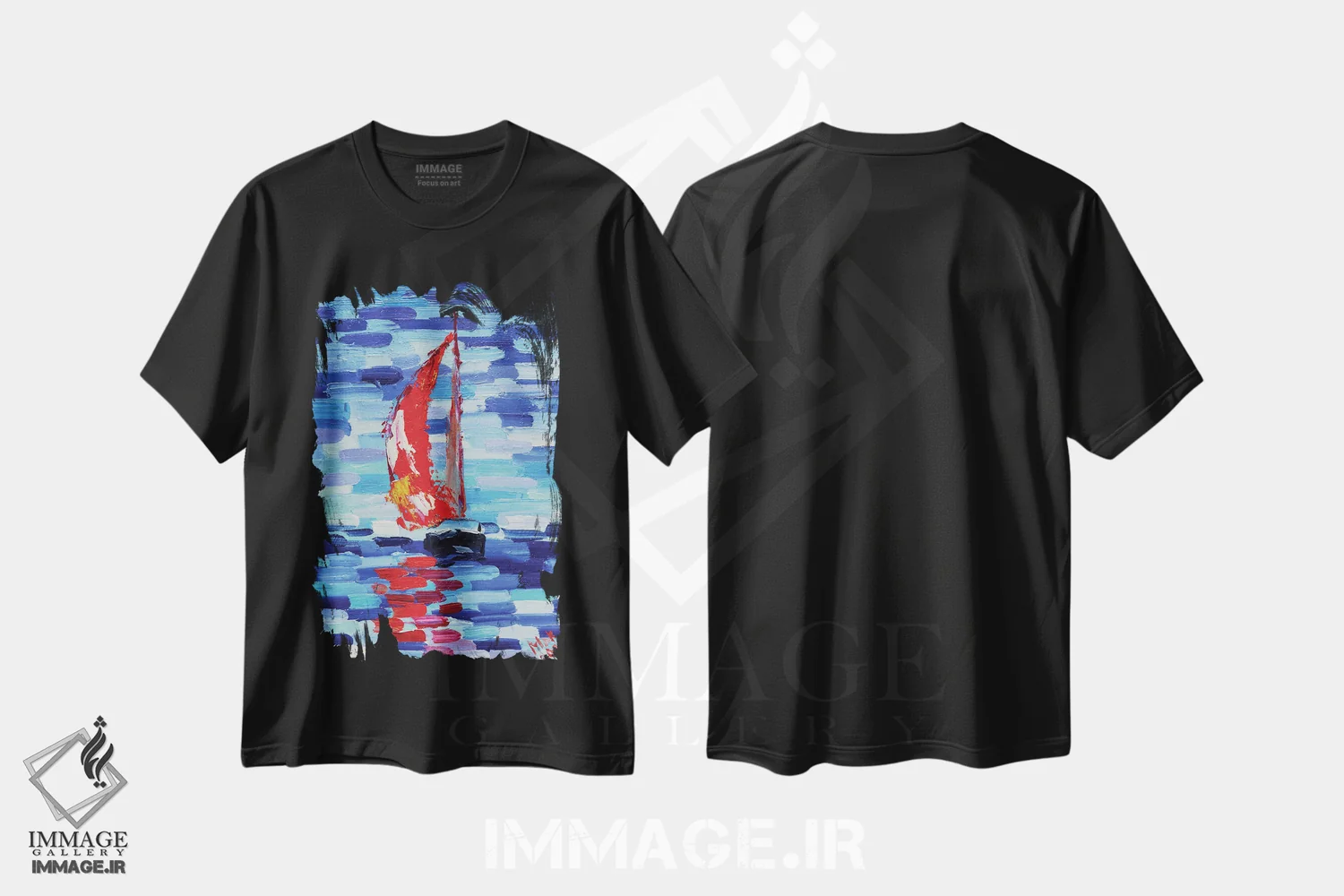 تیشرت مشکی طرح دار قایق بادبانی قرمز، تزئینی اثر ناتالی مک | فروشگاه ایماژ