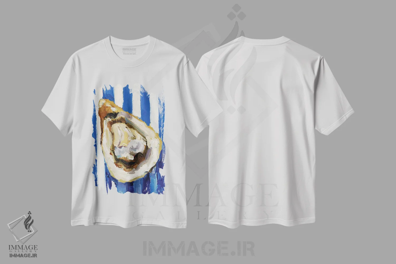تیشرت سفید طرح دار صدف مروارید، تزئینی اثر ناتالی مک | فروشگاه ایماژ