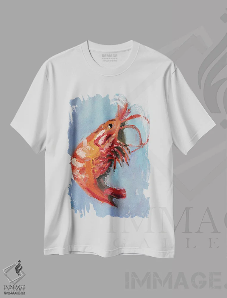 تیشرت سفید طرح دار میگو شماره ۲، تزئینی اثر ناتالی مک | فروشگاه ایماژ