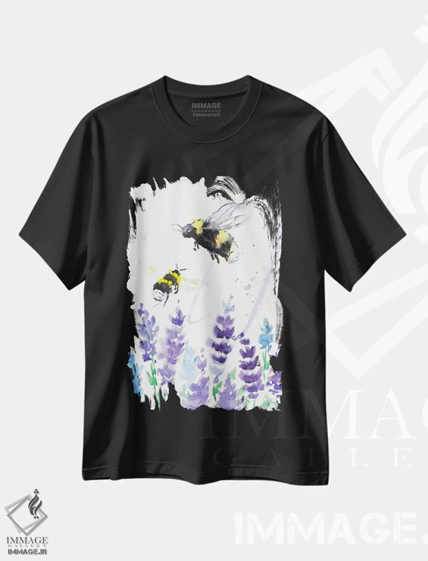 تیشرت مشکی طرح دار زنبورهای عسل و اسطوخودوس، دکور معاصر اثر ناتالی مک | فروشگاه ایماژ