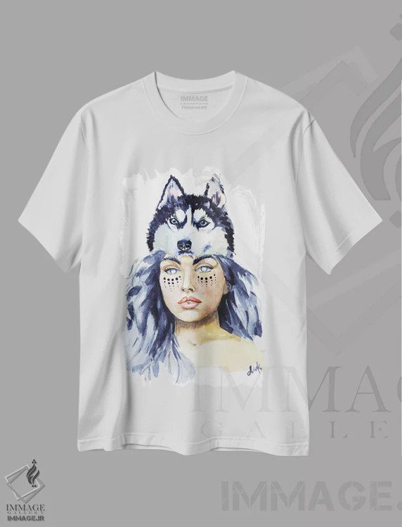 تیشرت سفید طرح دار زن گرگ نما، تزئینی اثر ناتالی مک | فروشگاه ایماژ