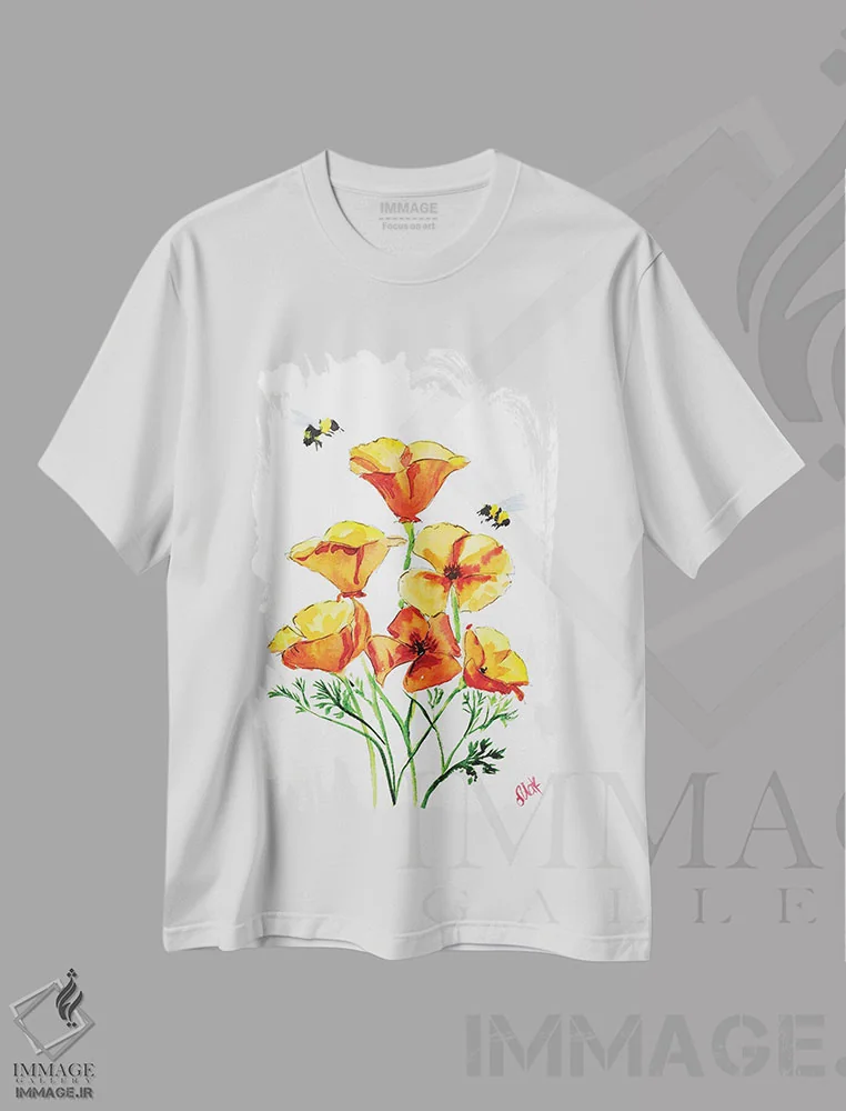 تیشرت سفید طرح دار شقایق های کالیفرنیا، دکور معاصر اثر ناتالی مک | فروشگاه ایماژ