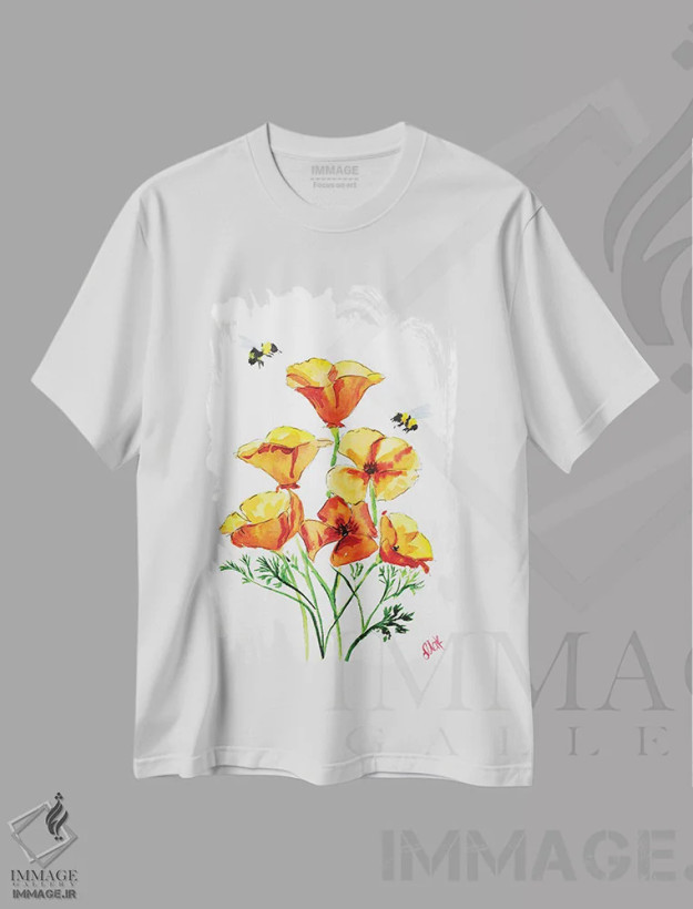 تیشرت سفید طرح دار شقایق های کالیفرنیا، دکور معاصر اثر ناتالی مک | فروشگاه ایماژ