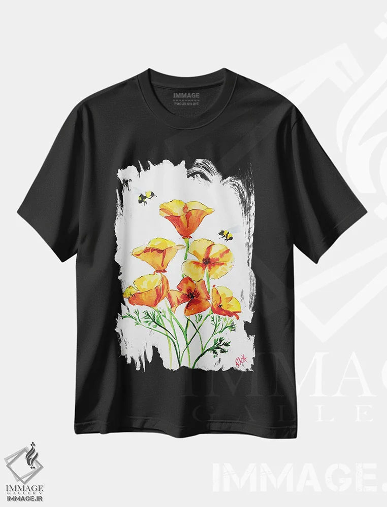 تیشرت مشکی طرح دار شقایق های کالیفرنیا، دکور معاصر اثر ناتالی مک | immage.ir