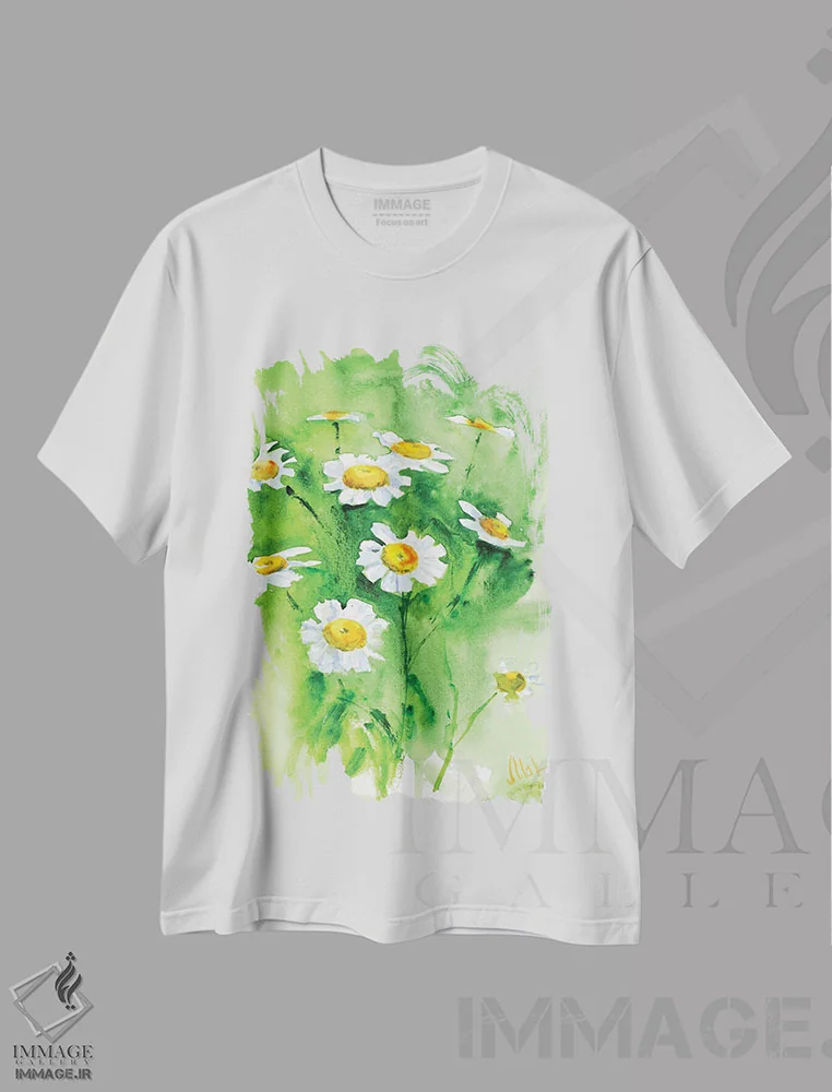 تیشرت سفید طرح دار بابونه، دکور معاصر اثر ناتالی مک | فروشگاه ایماژ