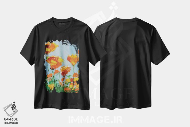 تیشرت مشکی طرح دار شقایق کالیفرنیا، دکور معاصر اثر ناتالی مک | فروشگاه ایماژ