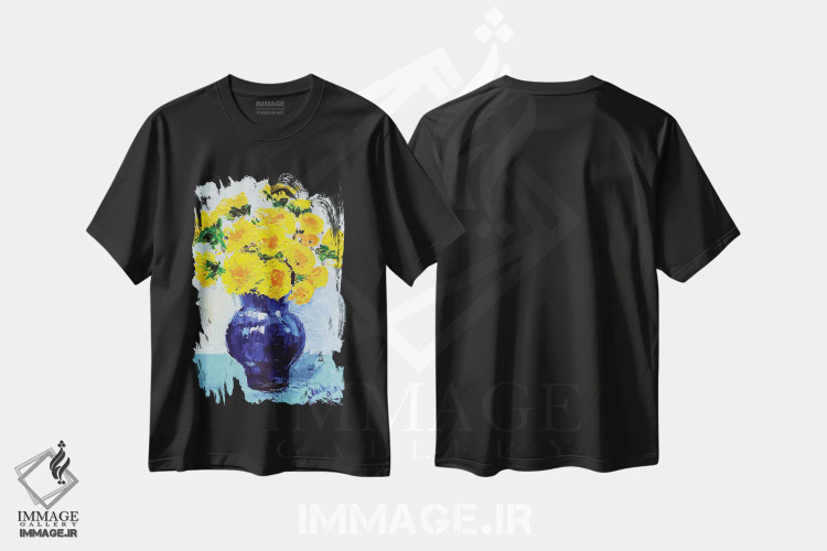 تیشرت مشکی طرح دار دسته گل قاصدک، دکور معاصر اثر ناتالی مک | فروشگاه ایماژ