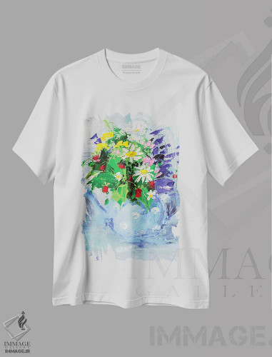 تیشرت سفید طرح دار قوری گل دار، دکور معاصر اثر ناتالی مک | فروشگاه ایماژ