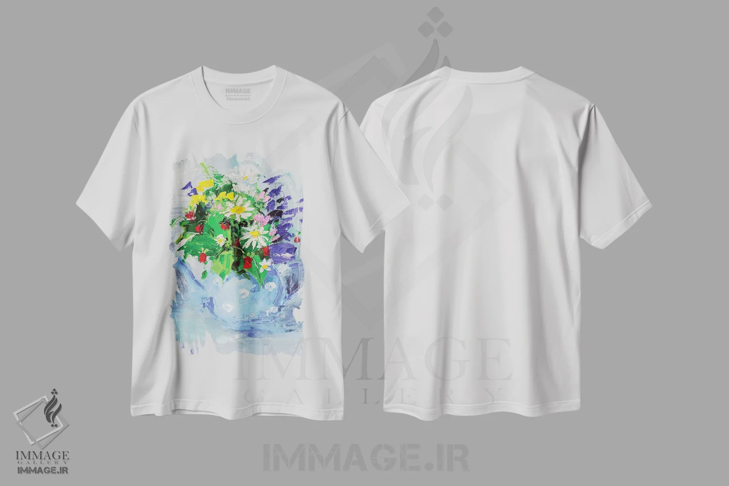تیشرت سفید طرح دار قوری گل دار، دکور معاصر اثر ناتالی مک | فروشگاه ایماژ