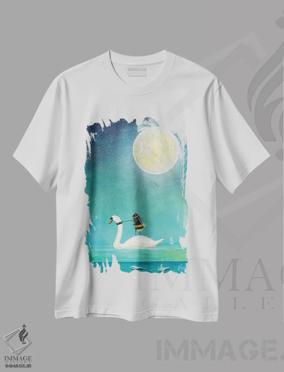 تیشرت سفید طرح دار سوار بر قو سفید، هنر فاخر معاصر اثر نیل تامپسون | فروشگاه ایماژ