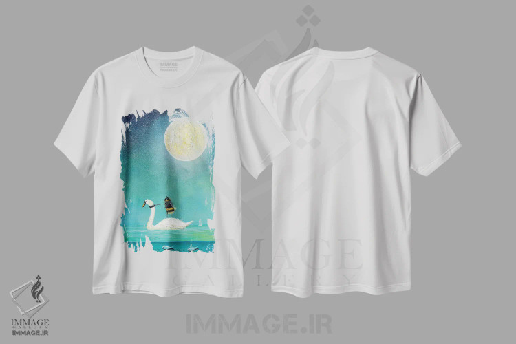 تیشرت سفید طرح دار سوار بر قو سفید، هنر فاخر معاصر اثر نیل تامپسون | فروشگاه ایماژ