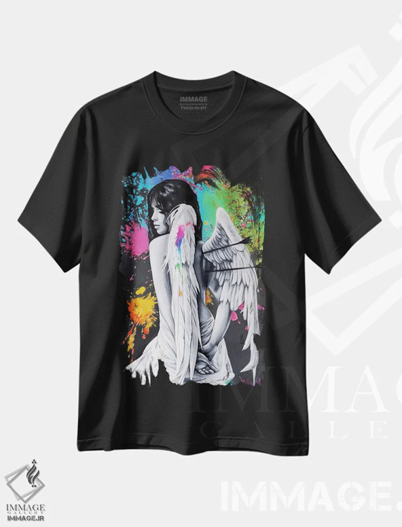 تیشرت مشکی طرح دار فرشتهٔ سقوط کرده، دکور معاصر اثر ناتمیر لورا | فروشگاه ایماژ