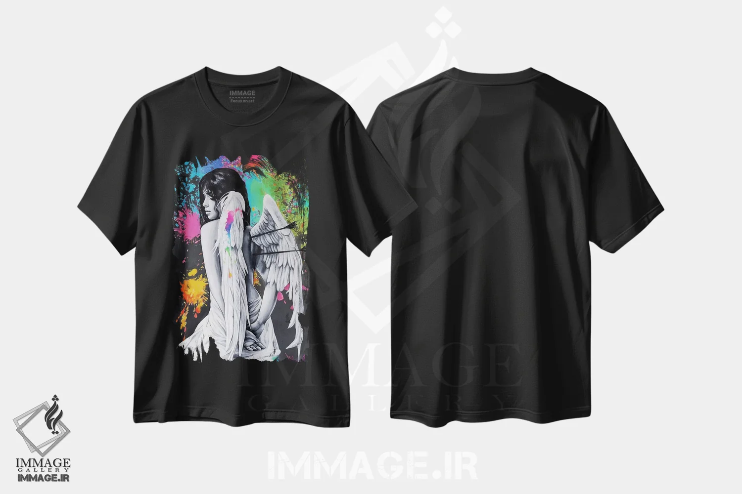 تیشرت مشکی طرح دار فرشتهٔ سقوط کرده، دکور معاصر اثر ناتمیر لورا | فروشگاه ایماژ