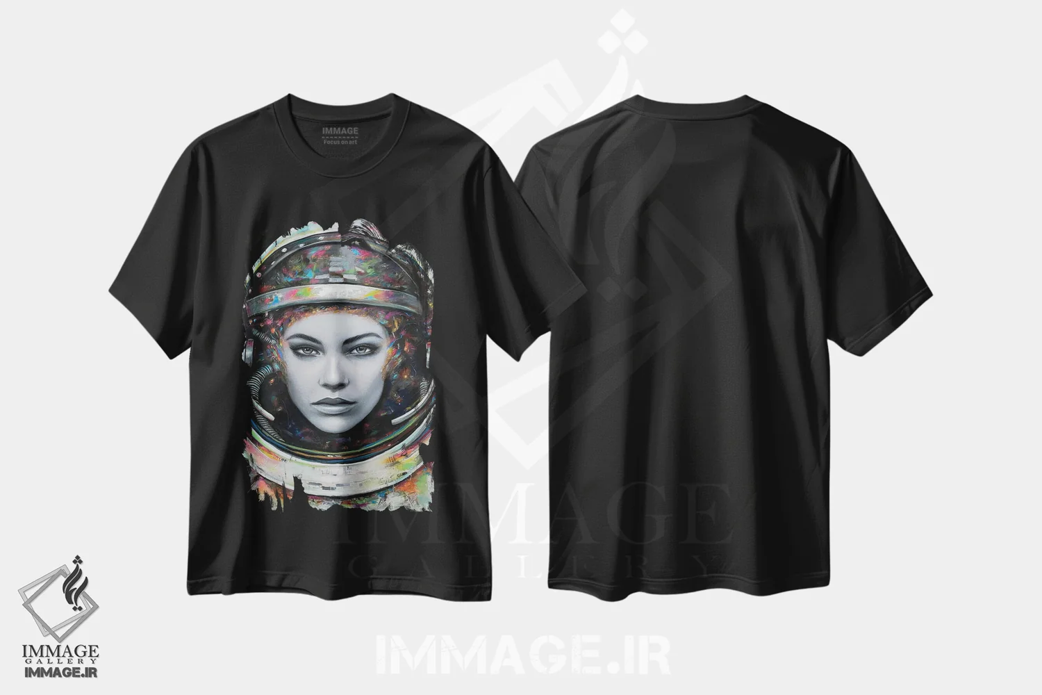 تیشرت مشکی طرح دار دختر کیهانی، هنر فاخر معاصر اثر ناتمیر لورا | immage.ir