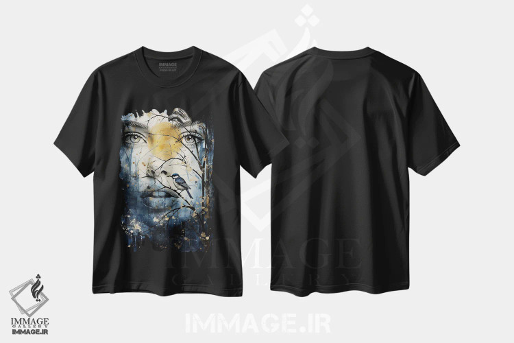 تیشرت مشکی طرح دار دختر پرنده، هنر فاخر معاصر اثر ناتمیر لورا | immage.ir