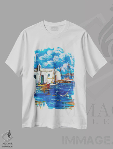 تیشرت سفید طرح دار تابستان در بندر کوچک، دکور معاصر اثر نستاسی آرت | فروشگاه ایماژ