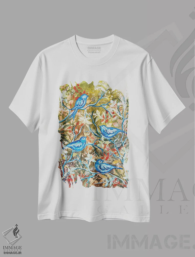 تیشرت سفید طرح دار پرندگان آبی، دکور معاصر اثر نستاسی آرت | فروشگاه ایماژ